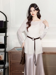 实拍秋季新款重工亮片针织上衣+缎面光泽感半身裙配腰带