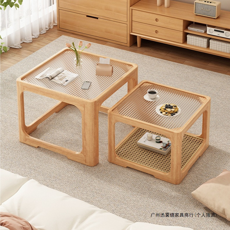 实木茶几客厅家用小户型桌子2025新款可移动原木风方形玻璃茶几桌
