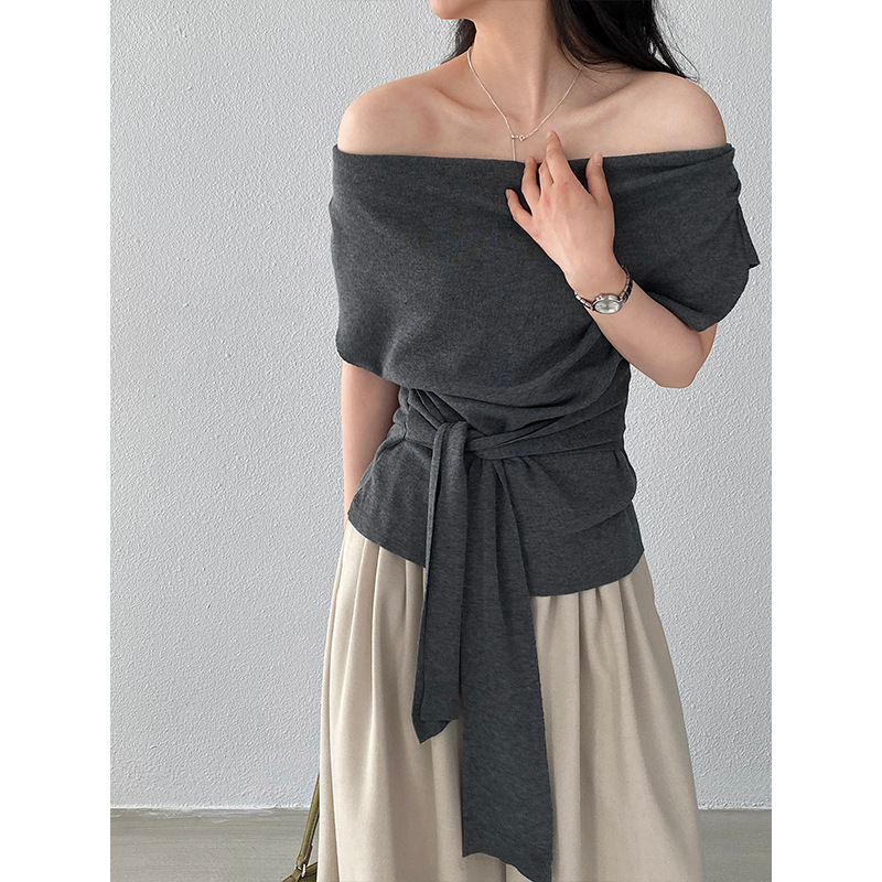 Jiangzuo Korean-Style Elegant Simple Drape Collar Knit Short-Sleeve Women's Mocha Green Asymmetrical Tie Slimming T-Shirt 6030
