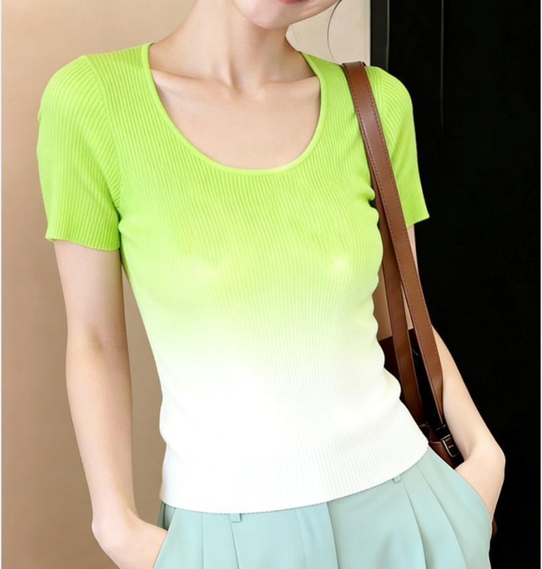 Áo thun nữ cổ U dệt kim lụa mát tay ngắn vai xuôi thiết kế Pháp thanh lịch — Xanh lá cây nhạtcolor, màu xanh huỳnh quang, hồng trắng chi tiết 1