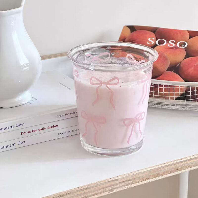 Ins Girl's Heart Pink Bow Flip Glass High Color Value High Temperature Straw Cup Sweet Milk Cup