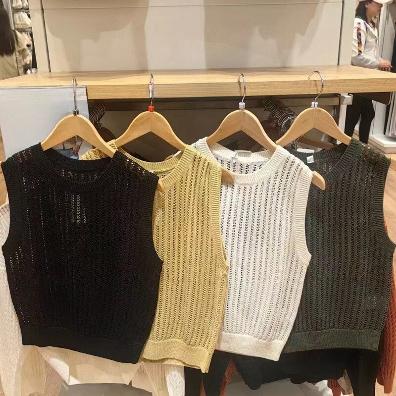 Japanese Single Women's Summer Mesh Round Neck Sleeveless Short Sweater Vest Thin Jacket Air-conditioning Shirt Knitted Sweater Women's 467796