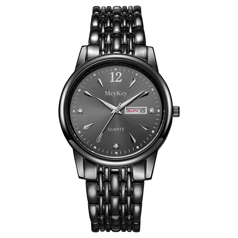 McyKcy marca cinturón de acero aleación reloj de negocios muestra calendario semana transfronterizo al por mayor reloj de cuarzo de doble calendario