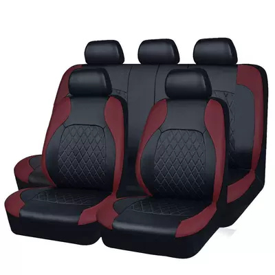 Universal seat cover — Embroidery, Curved Leather, Pu Leather, Artificial - wine-red-9-piece-set-five-seats