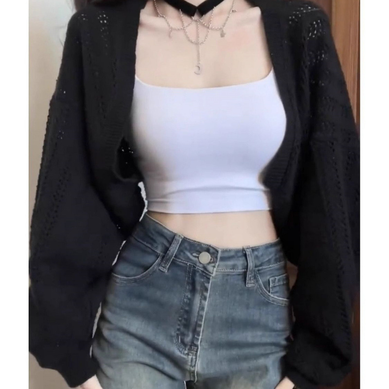 夏季薄款黑色镂空针织罩衫女慵懒风蝙蝠袖防晒开衫外套外搭披肩潮