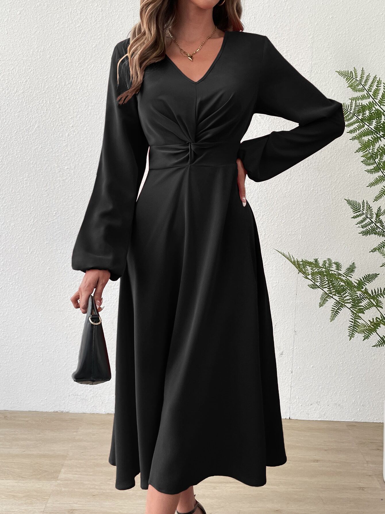 European And American Women' Spring Summer Fahion V-Neck Lantern Long Sleeve Twit Edge Elegant Mid-Length_ecoleips.com