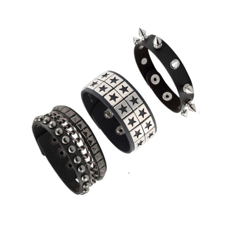 European and American Cross-Border Hot-Selling Fashion Multi-Layer Wide Leather Bracelet Punk Domineering Rivet Five-Pointed Star Wristband Personalized Bracelet