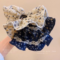 手作りのフレンチレトロなネイビーブルーの小花柄牧歌的なスタイルの耳の大きなヘアゴム、文学的な森のスタイルのヘアアクセサリー