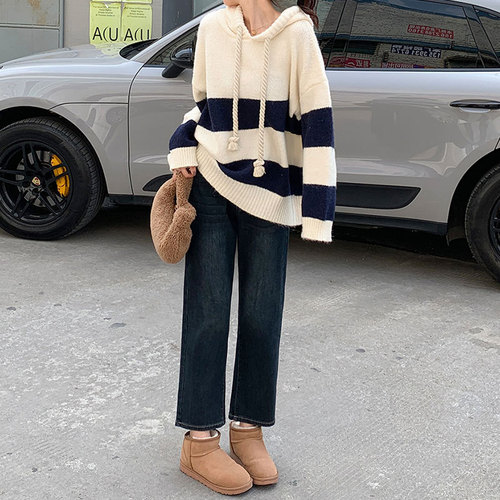 Korean Loose Color Block Striped Soft Velvet Hooded Cardigan Sweater for Women - Autumn/Winter Outwear Top - Versatile Knit Shirt