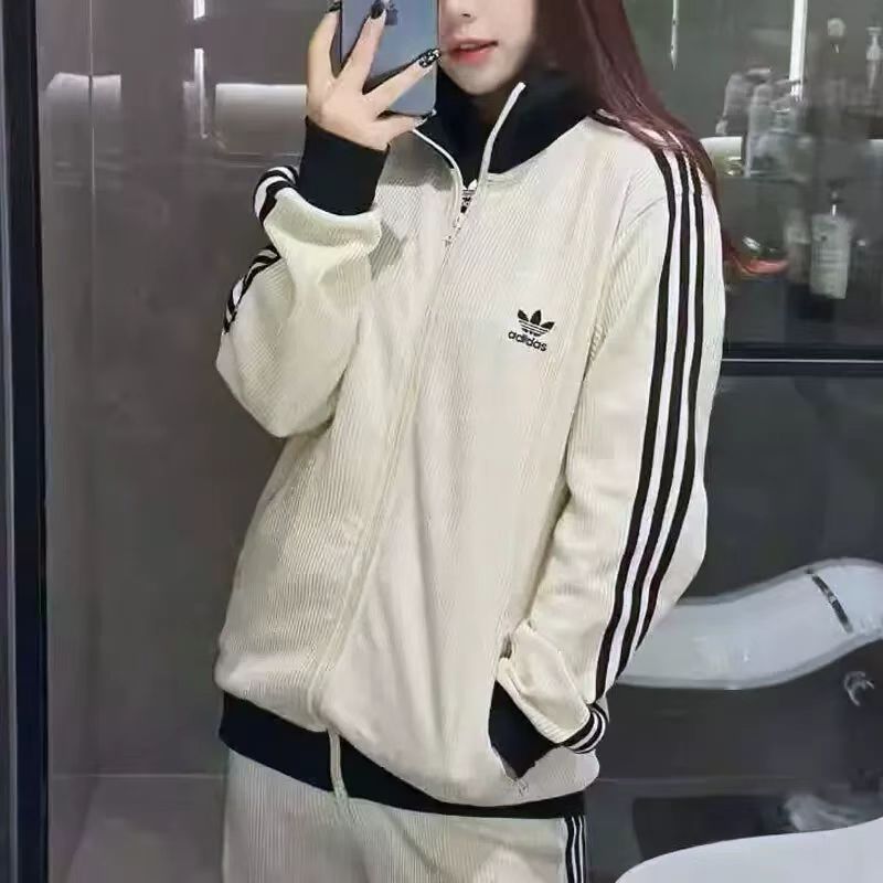 三叶草刺绣运动开衫外套夹克男女情侣秋冬款春秋季休闲三条杠上衣|undefined