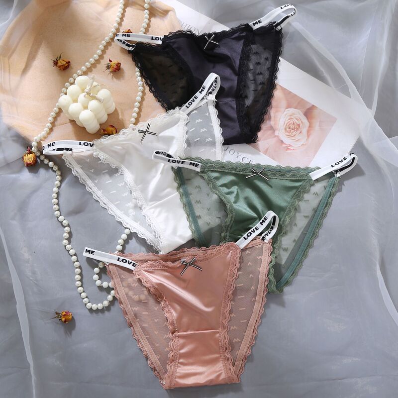 Sweetheart Girl ~ French Black Sweet Ladies Letter Lace-up Sexy Summer Mesh Cotton Crotch Lace Panties Women