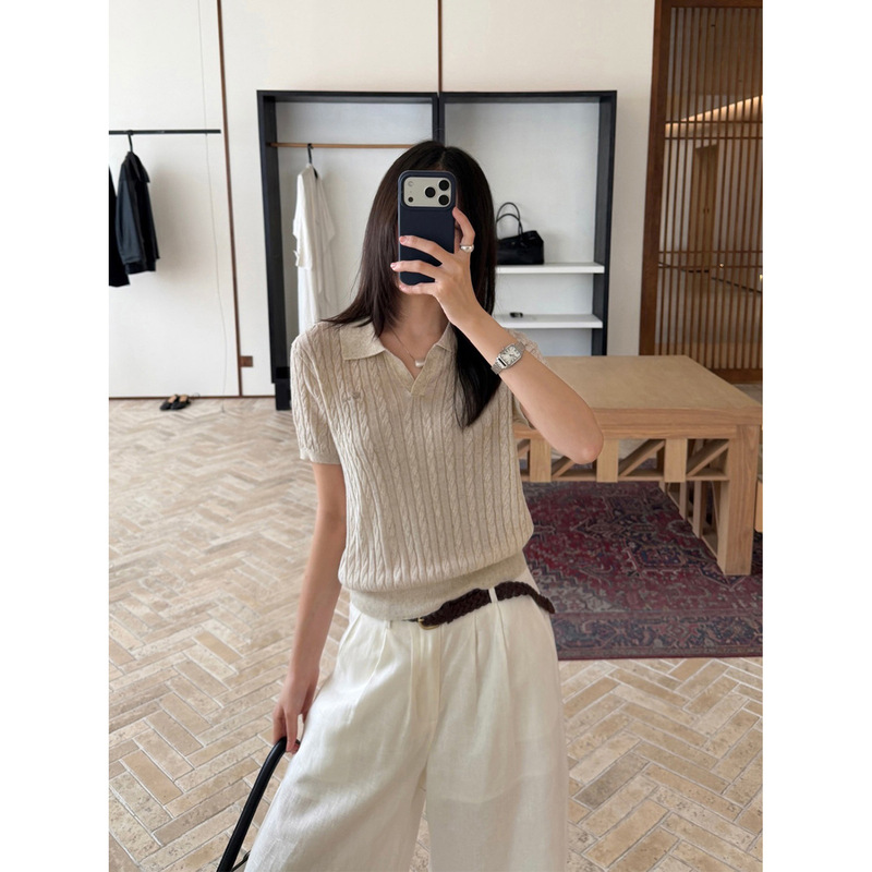 TG Classic Cable Knit Series English Embroidery Short Sleeve Slim Fit Knit Polo Shirt for Women 2026 Summer New Model 26549 TG Classic Cable Knit Series English Embroidery Short Sleeve Slim Fit Knit Polo Shirt for Women 2026 Summer New Model 26549