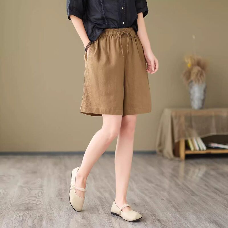 Trendy and Youthful Casual Wide-Leg Shorts, Cotton and Linen, Elastic Waist with Drawstring, Five-Point Pants, 2025 Summer New Versatile Women's Style Trendy and Youthful Casual Wide-Leg Shorts, Cotton and Linen, Elastic Waist with Drawstring, Five-Point Pants, 2025 Summer New Versatile Women's Style