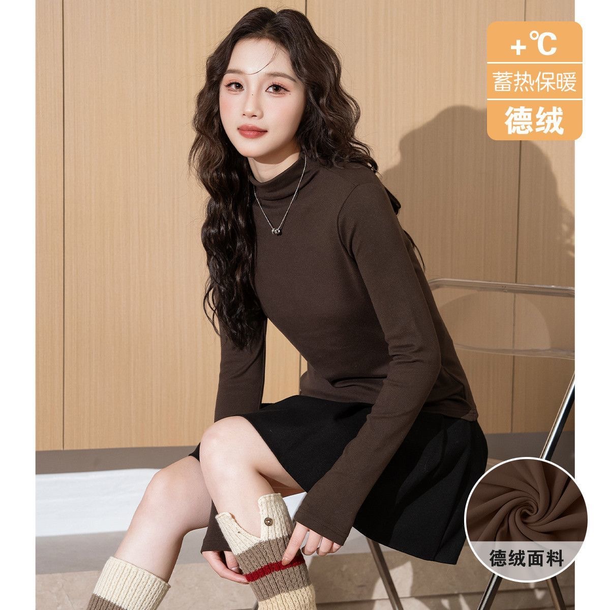 Otoño y invierno nuevo pesado doble cuello de media altura camiseta de base negra de terciopelo femenina coreana camiseta de manga larga de terciopelo grueso