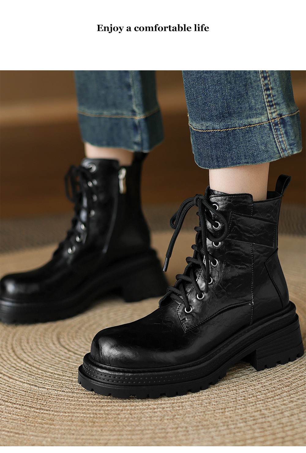 Boot Martin nữ gót dày buộc dây đế tăng chiều cao phong cách Maillard thu đông 2025 — Lớp lót nhung đen, Nhung nâu, Lớp lót đơn màu đen, Lớp lót đơn màu nâu chi tiết 10