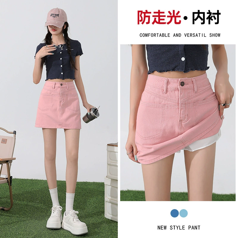 Fuchsia summer denim skirt, universal protective underware, hip-accented