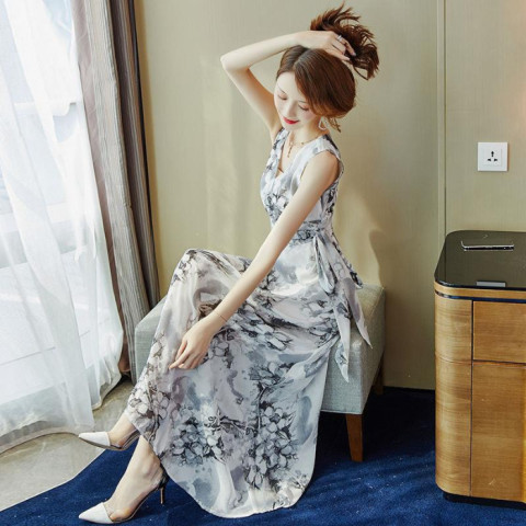 Bohemian Long Women Summer 2024 New Waist Tie Slimming Beach Vacation Chiffon Dress_ecoleips.com