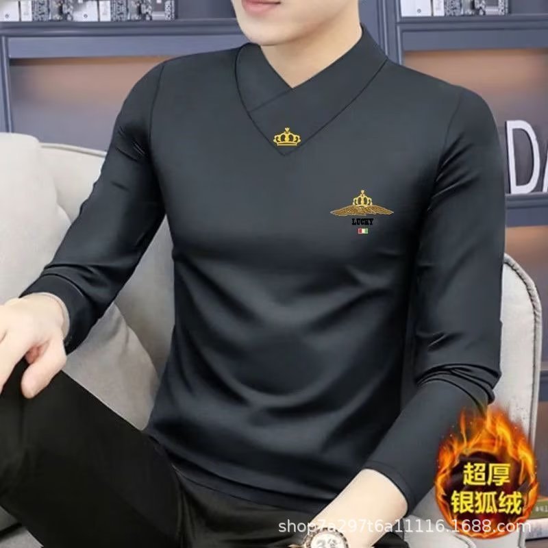 源头厂家跨境修身新款长袖T恤男秋冬潮款高端保暖上衣v领内打底衫|undefined