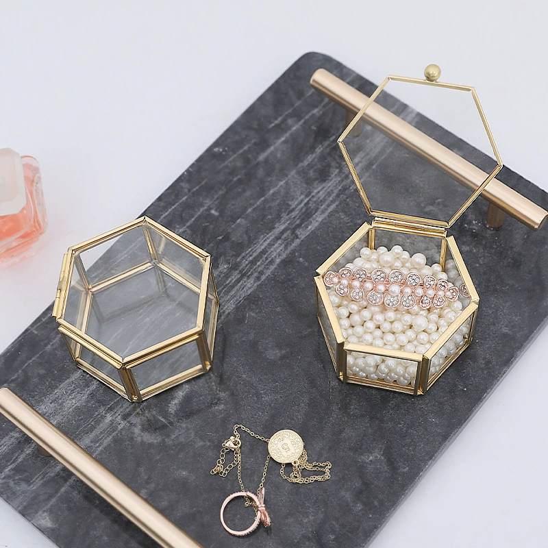 Small retro brass hexagonal glass ring, box, light luxury style