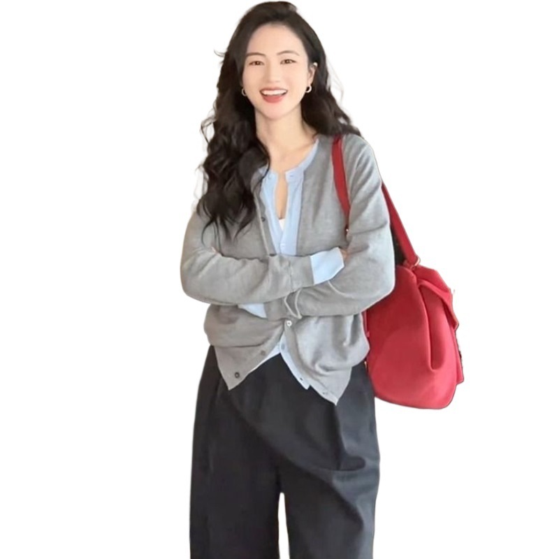 早秋新款韩系假两件套慵懒针织衫毛衣开衫高级感小个子气质上衣|undefined