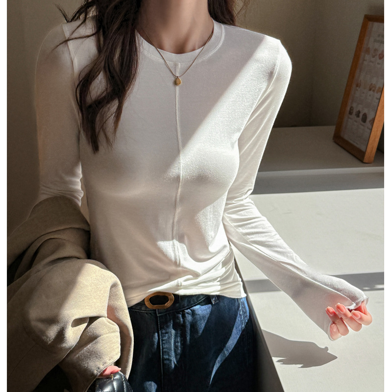 Early Autumn Modal Round Neck Design Bottoming Shirt for Women, Autumn and Winter High-End Simple Long-Sleeved T-Shirt Top