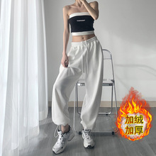 欧美风加绒加厚束脚运动裤ins复古纯色休闲bf宽松高腰阔腿长裤女