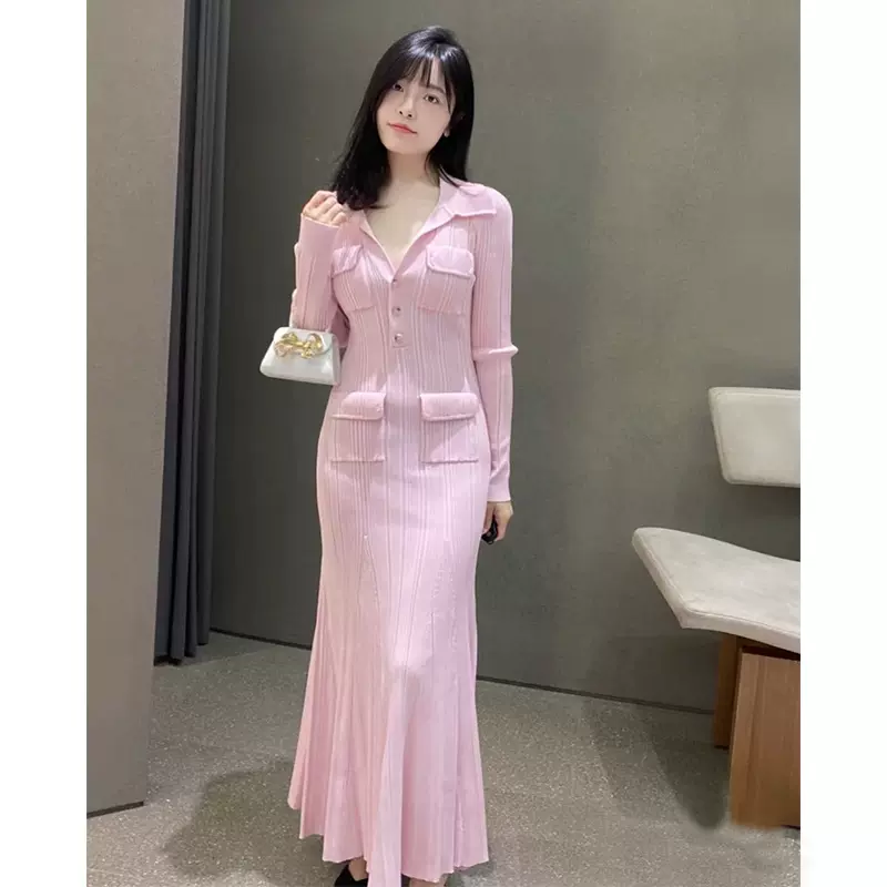 SP2023早春法式温柔风粉色针织连衣裙修身包臀鱼尾长款裙子220643