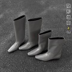 牛皮版~秋冬新款韩版简约方头百搭气质低跟骑士靴女套筒中筒靴女