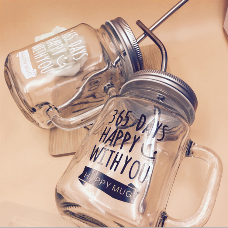 En stock suministro Mason taza botella de vidrio taza de jugo mango taza Corea del Sur creativo paja vidrio con tapa