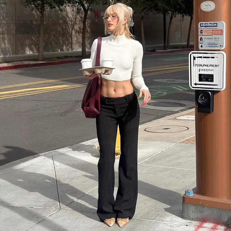 American Street Millennium Stripesd Color-Blocked Low-Waisted Casual Pants with Sexy Elegant and Versatile Slimming Look Suit Pants