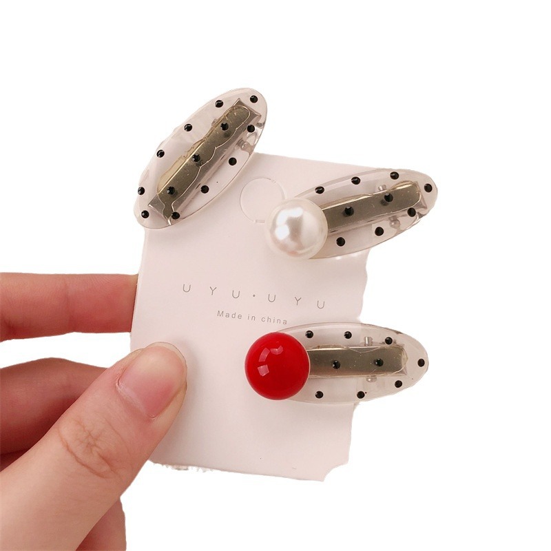 Princesa cabeza de perla ondulado punto elíptico pequeño frijoles rojos pin de pelo estilo francés de alta sensación lateral ceja pin de pelo adornamiento