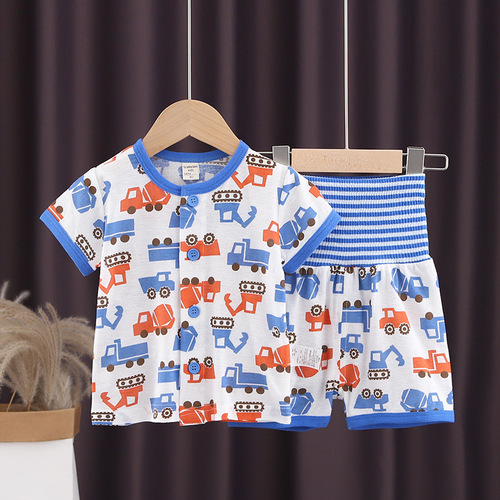 Distribution of bamboo breathable sweat-absorbent boys and girls short-sleeved high-waisted belly-protecting shorts pajamas home outing set