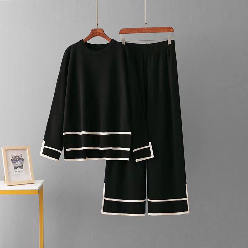 Women's Long Sleeve Knit Top & High-Waisted Wide-Leg Pants Set - Chic Color Block Fall/Winter Outfit For Work & Casual_voghion.com