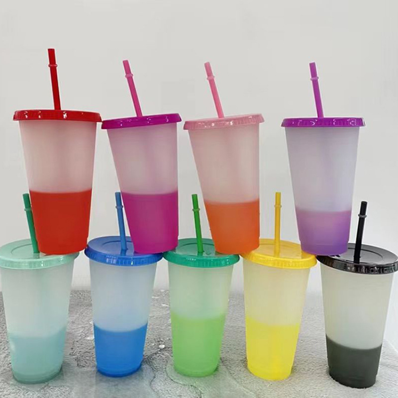Taza que cambia de color preenfriada, venta directa transfronteriza, taza de pajita de plástico de 24oz, taza de PP, cambio de color sensible a la temperatura, regalo promocional, se puede agregar logotipo
