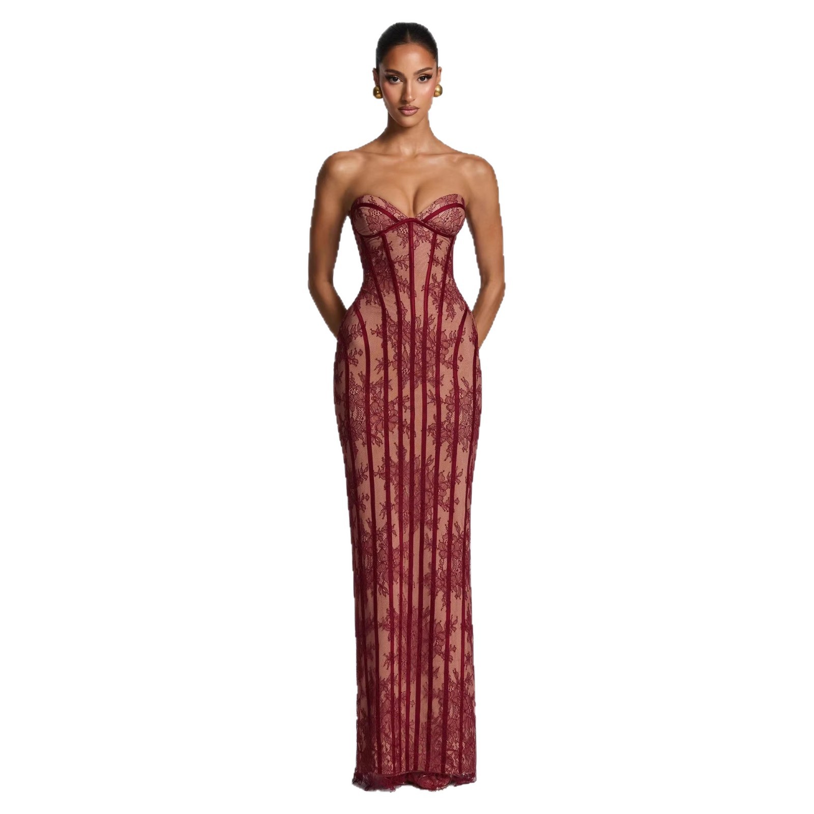 Elegant Lace Long Bodycon Dress For Evening Parties - Stunning High-Waisted Corset Design With Sheer Mesh & Floral Embroidery_ecoleips.com
