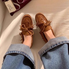 【波西米亚度假风】手工编织豆豆鞋女25新款流苏平底一脚蹬乐福鞋