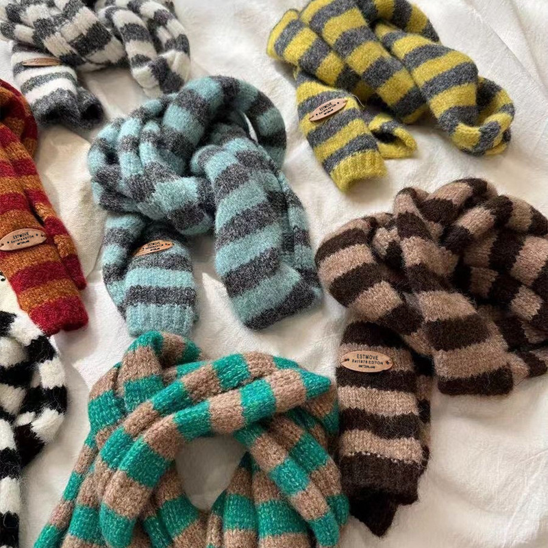 Long Scarf Hip-Hop Niche Fashionable Striped Leather Label Knitted Scarf for Men and Women Japanese Versatile Layered Neck Scarf Trend