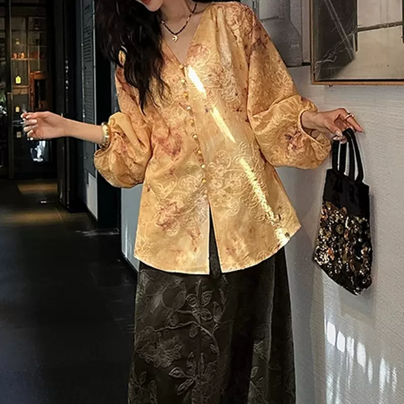 现货【小河山】灯笼袖刺绣晕染印花衬衫2025秋法式别致长袖上