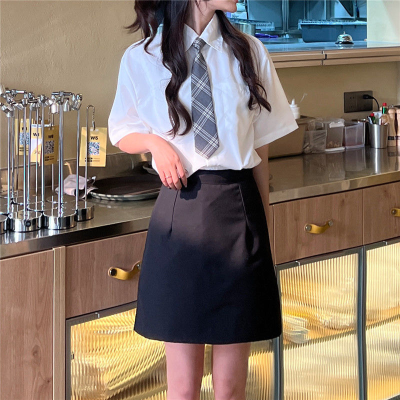 Preppy style tie shirt short sleeve women's Japanese Hong Kong style Korean style blue shirt small plus size jk uniform set Preppy style tie shirt short sleeve women's Japanese Hong Kong style Korean style blue shirt small plus size jk uniform set