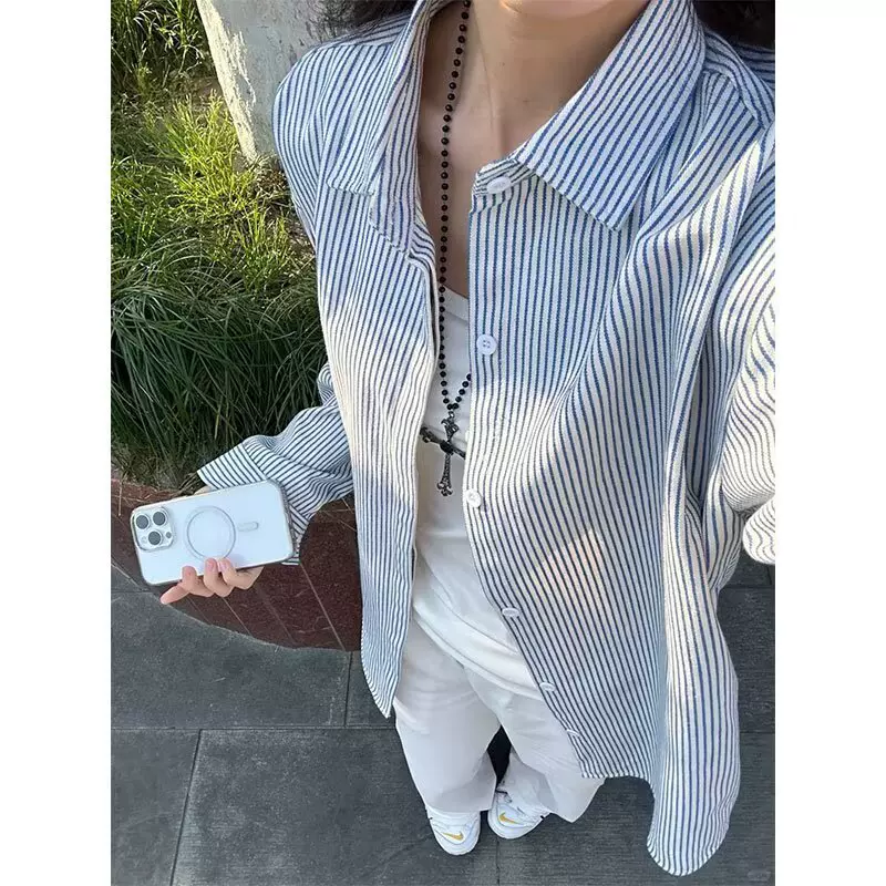 垂坠感条纹衬衫男长袖夏季潮牌外套青少年穿搭学院风vintage衬衣