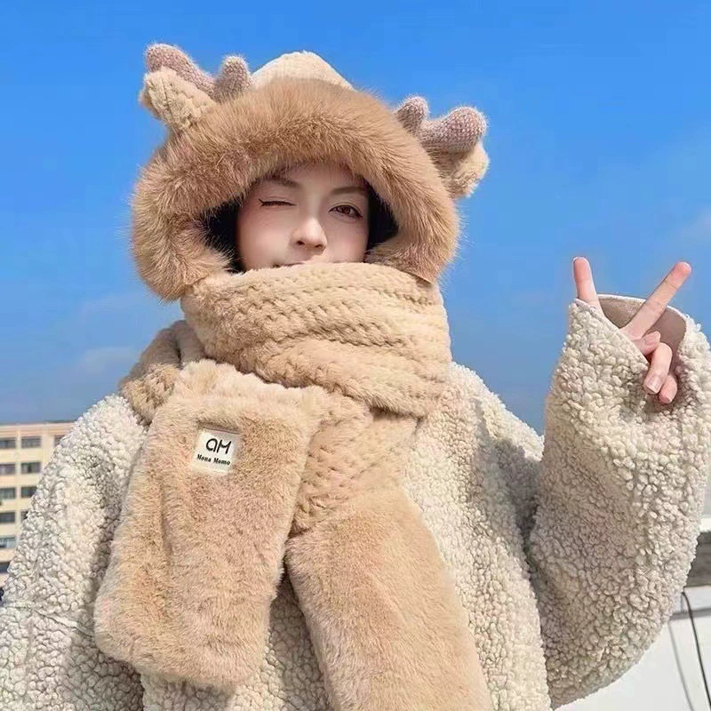 Зимний комплект для защиты ушей в стиле оленьих рожков, состоящий из трех предметов: двойной утолщенный шарф, перчатки и интегрированная шапка для женщин, три в одном.