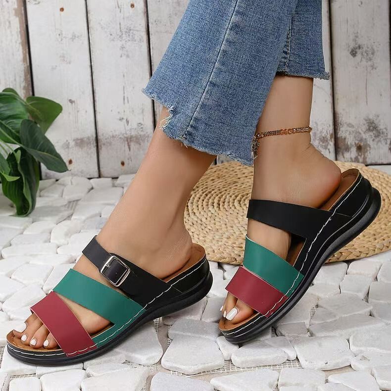2025 Women's Solid Color Casual Sandals Thick Sole Soft Sole Slip-On Walking Slippers Comfortable Toe Ring Wedge Sandals