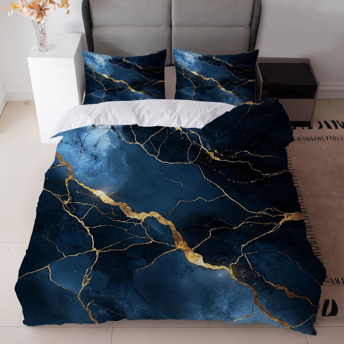 Transfronterizo tibetano azul oro mármol textura suave molienda impresión digital kit de colcha de tela se puede diseñar