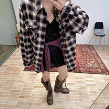 南油品质珠饰口袋衬衫女25AW秋冬新款复古翻领格纹长袖上衣男女