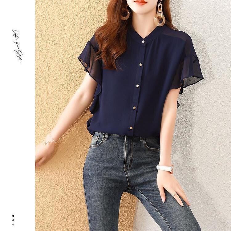 2025 New Summer Style Versatile Chiffon Shirt with Flying Sleeves Pure Color Shirt Beautiful Loose Thin Slimming Look Top