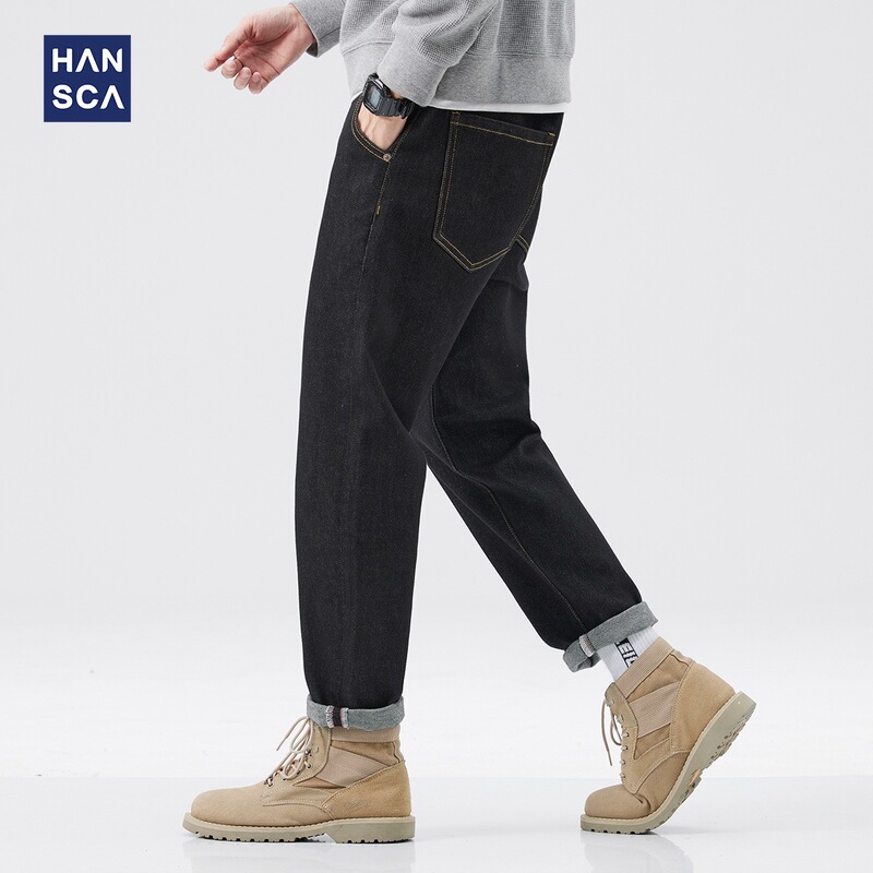 hansca washed jeans men's autumn and winter fleece-lined thickened straight casual matching Martin boots black stretch trousers