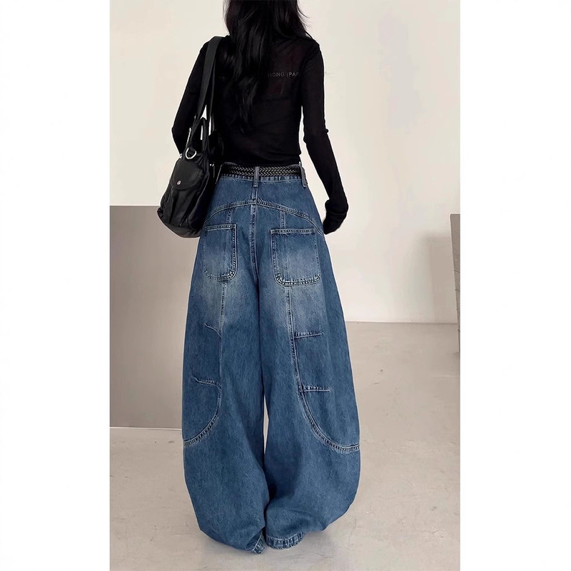 十三行~美式街头感宽松牛仔裤女2025秋季新款百搭裁片洗水弯刀裤|undefined