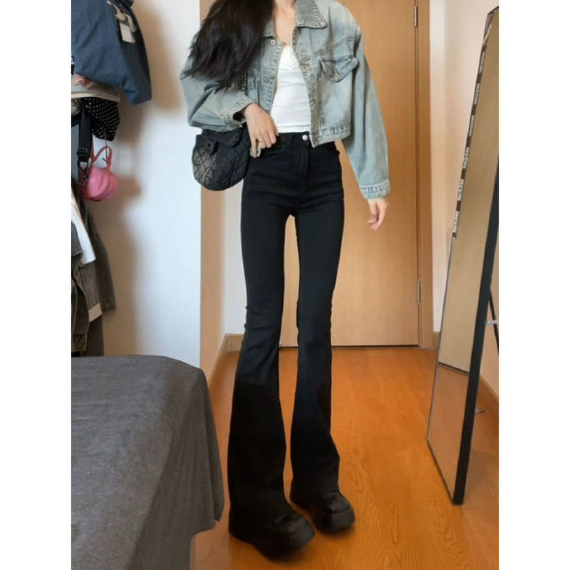 白色弹力马蹄牛仔裤女春季新款显瘦修身微喇叭裤高个子加长拖地裤|undefined