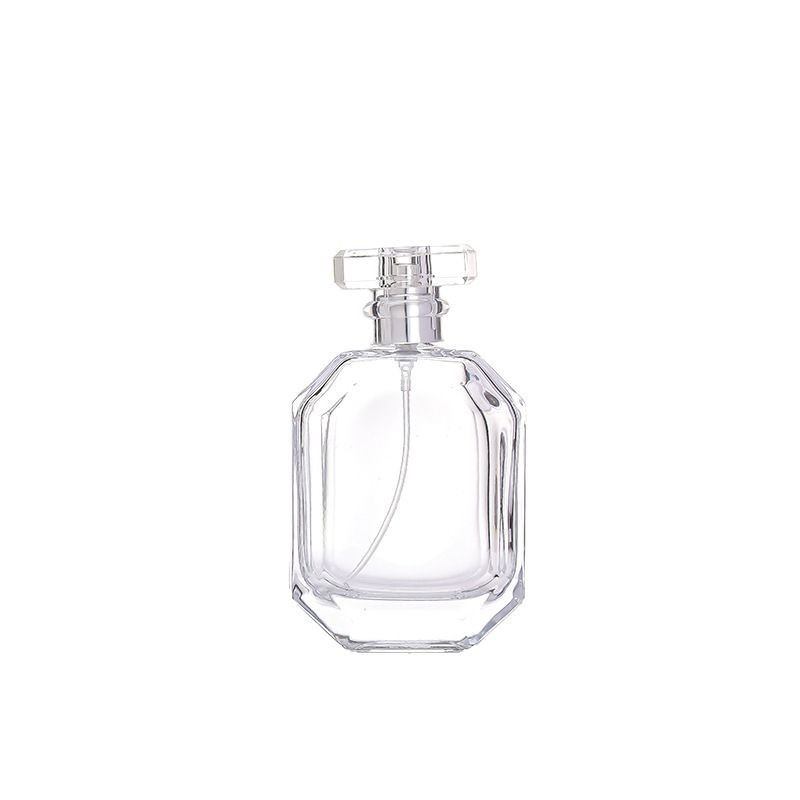 En stock de alto grado botella de vidrio de diamante 30ml 50ml100ml botella de perfume cuadrada plana bayoneta sub-embalaje botella de niebla fina botella vacía