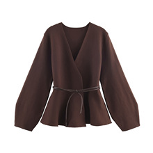 跨境欧美速卖通爆款欧美时尚圆领配腰带针织外套